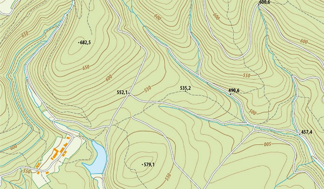 Topographic map showing a lake and nearby elevations.