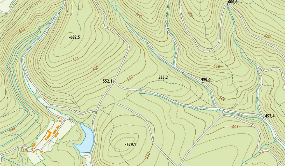 Topographic map showing a lake and nearby elevations.