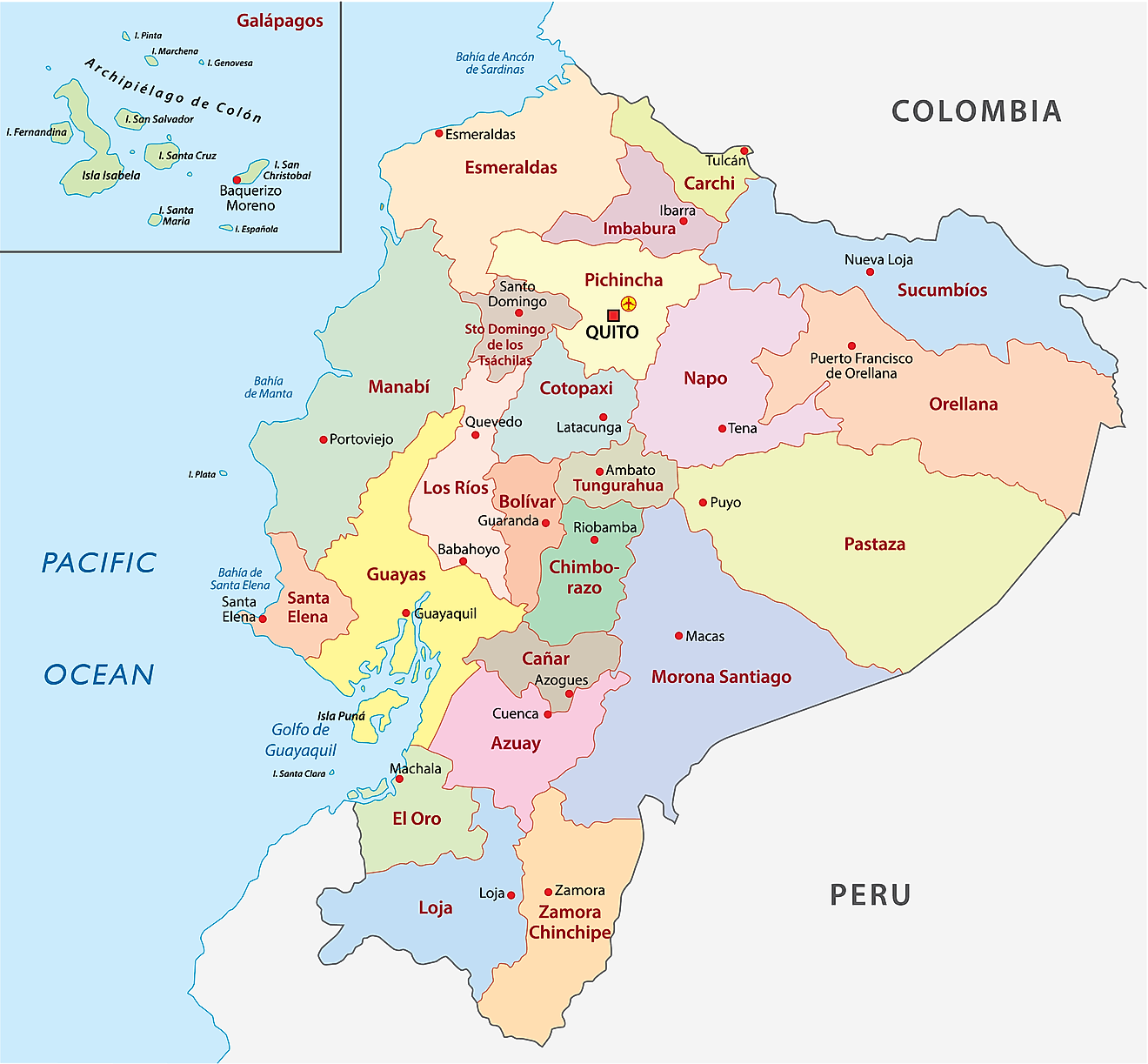 Mapa Político de Ecuador mostrando sus 24 provincias y la ciudad capital de Quito