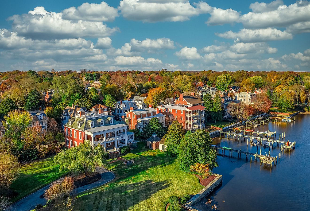 Aerial summer view of colonial Chestertown on the Chesapeake Bay in Maryland USA.