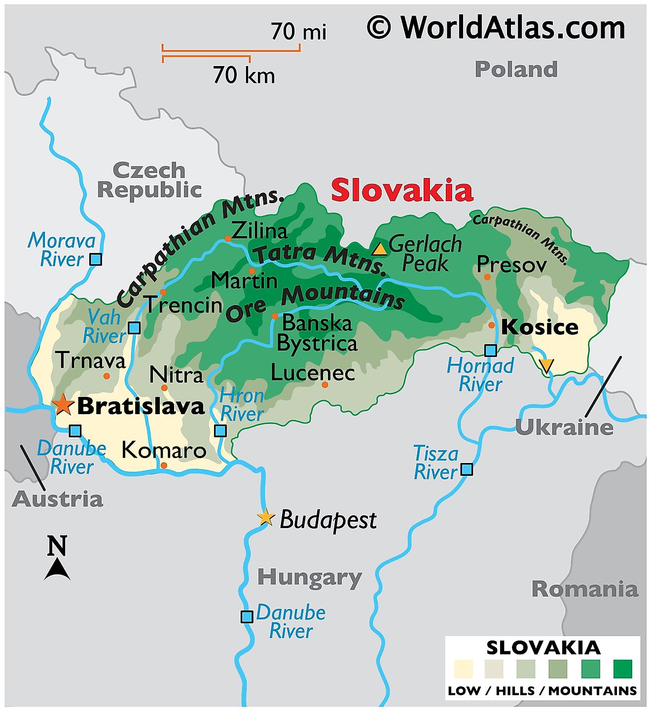 Mapa físico de Eslovaquia que muestra el terreno, las principales cadenas montañosas, los puntos más altos y más bajos, los principales ríos, las fronteras internacionales, etc.