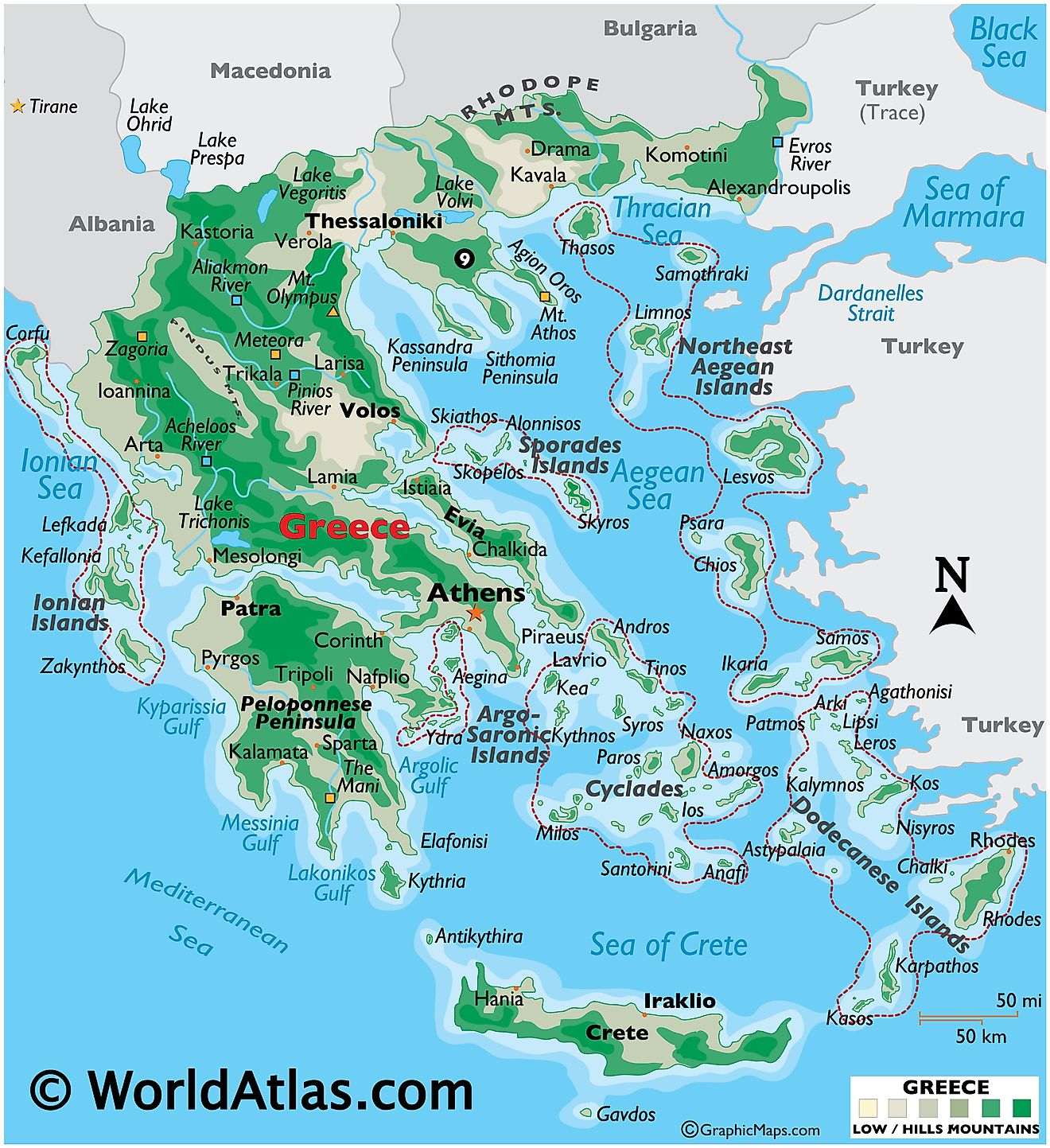 Physical Map of the Greece showing terrain, mountain ranges, islands, Peloponnese Peninsula, extreme points, major rivers, important cities, international boundaries, etc.