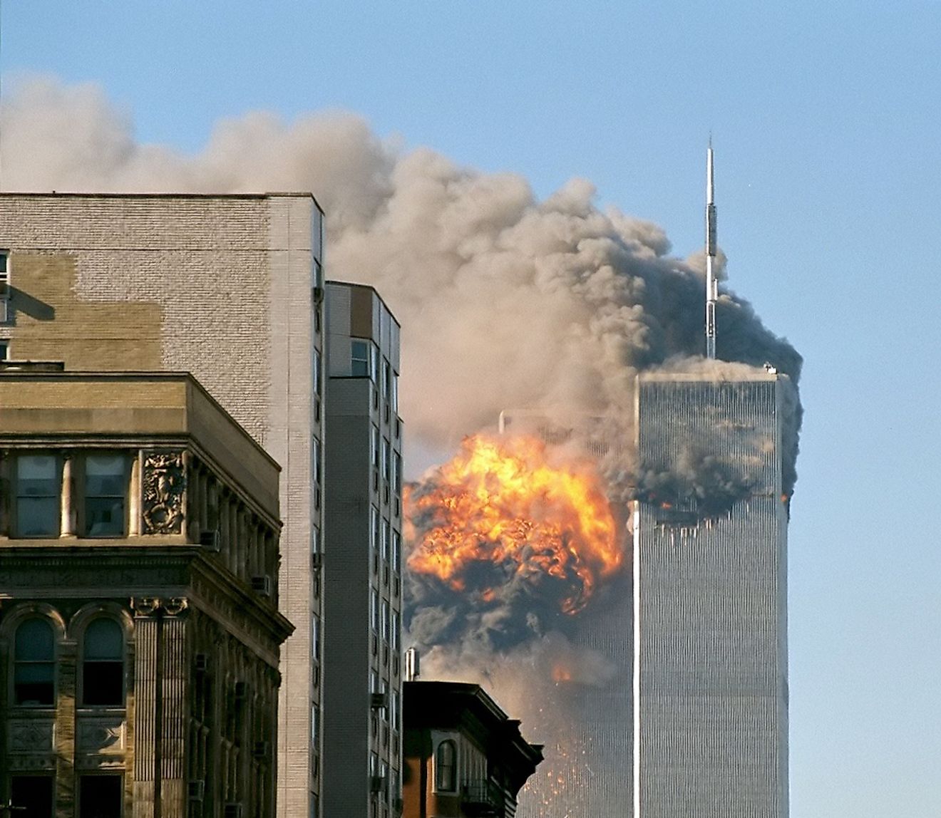  United Airlines Flight 175 crashes into the south tower of the World Trade Center complex in New York City during the September 11 attacks.