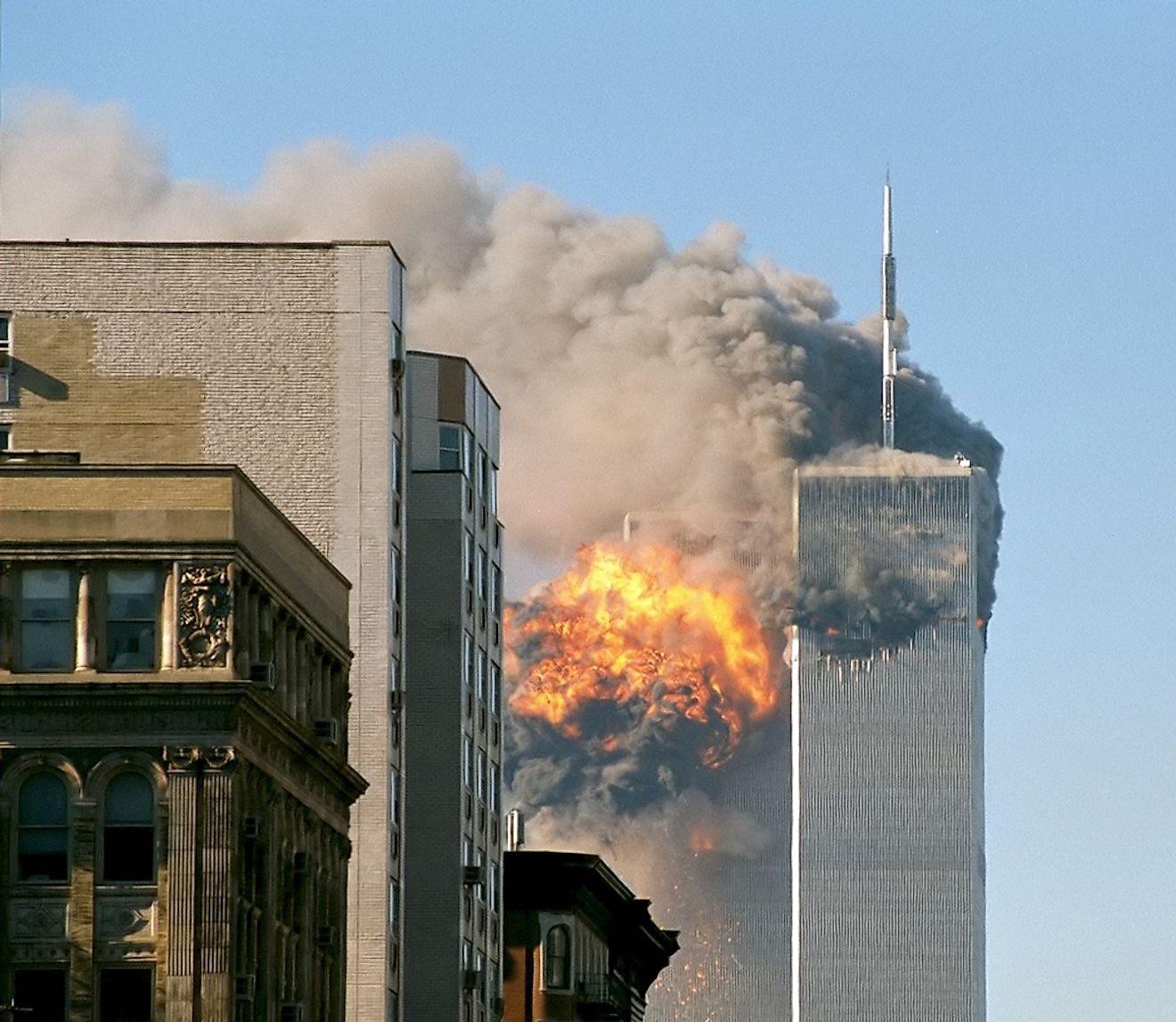 United Airlines Flight 175 crashes into the south tower of the World Trade Center complex in New York City during the September 11 attacks.
