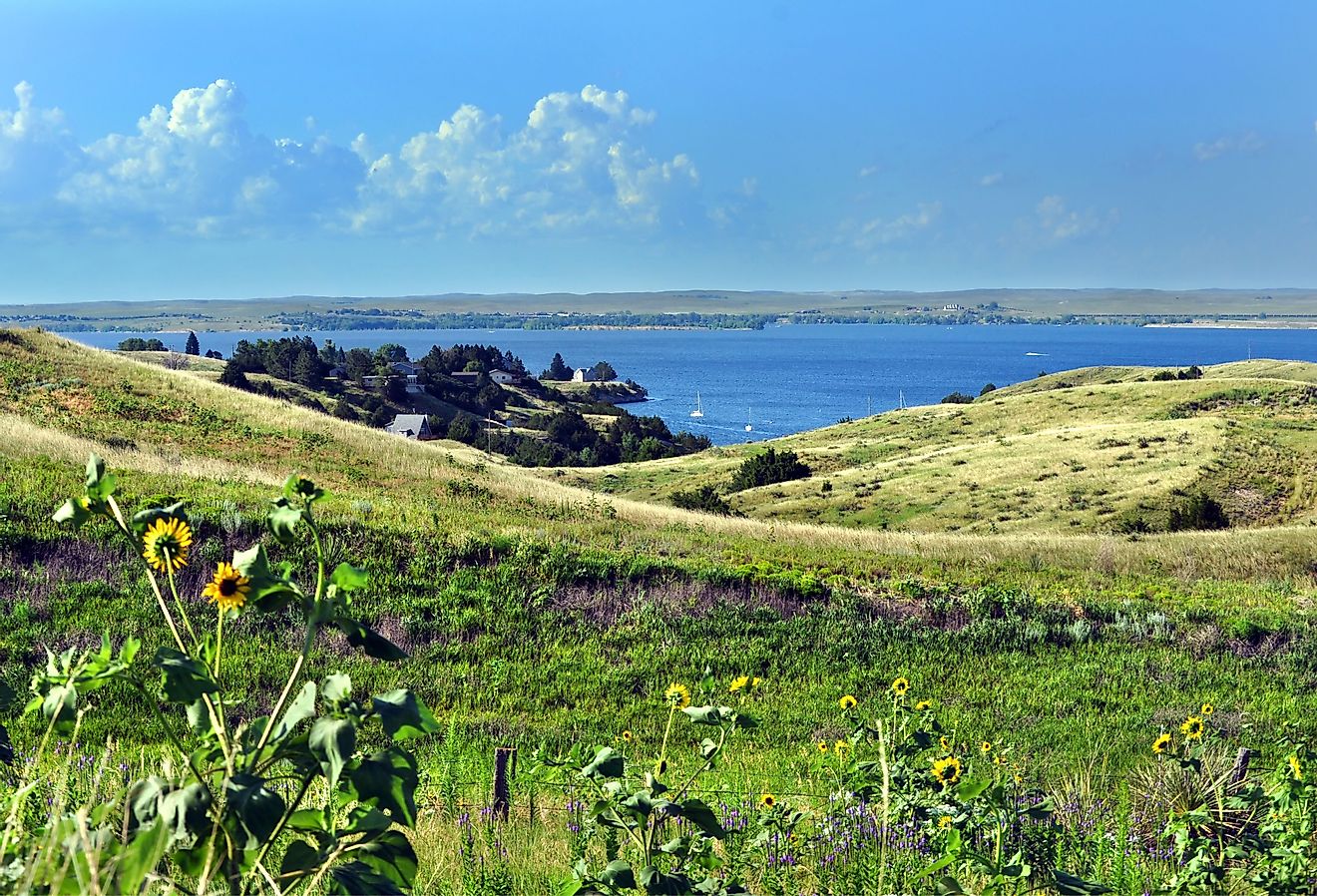 Rolling Nebraska grassland slopes down to the blue small bay with tiny white sail boats on Lake McConaughy.