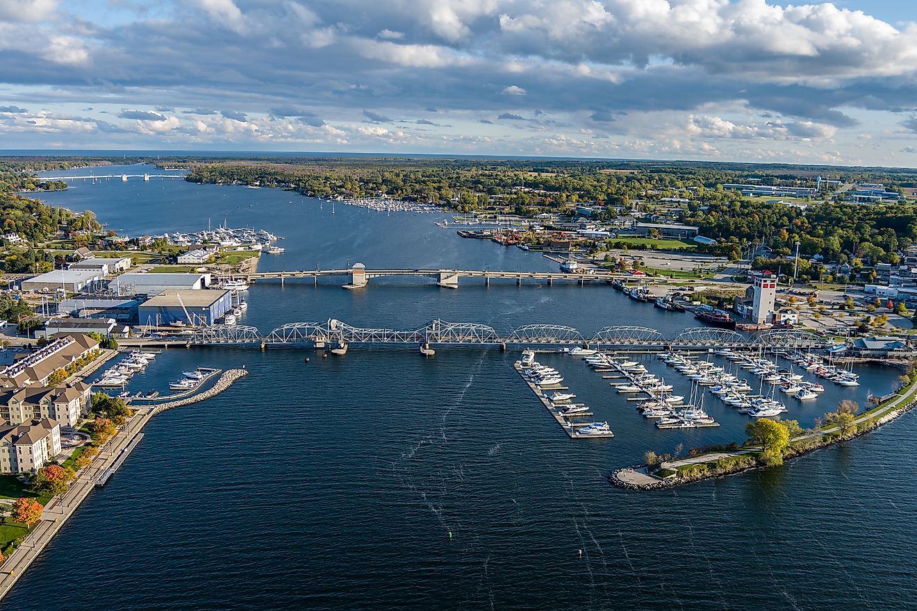 A steel bridge and boats located in the historic Sturgeon Bay of Door County, Wisconsin.