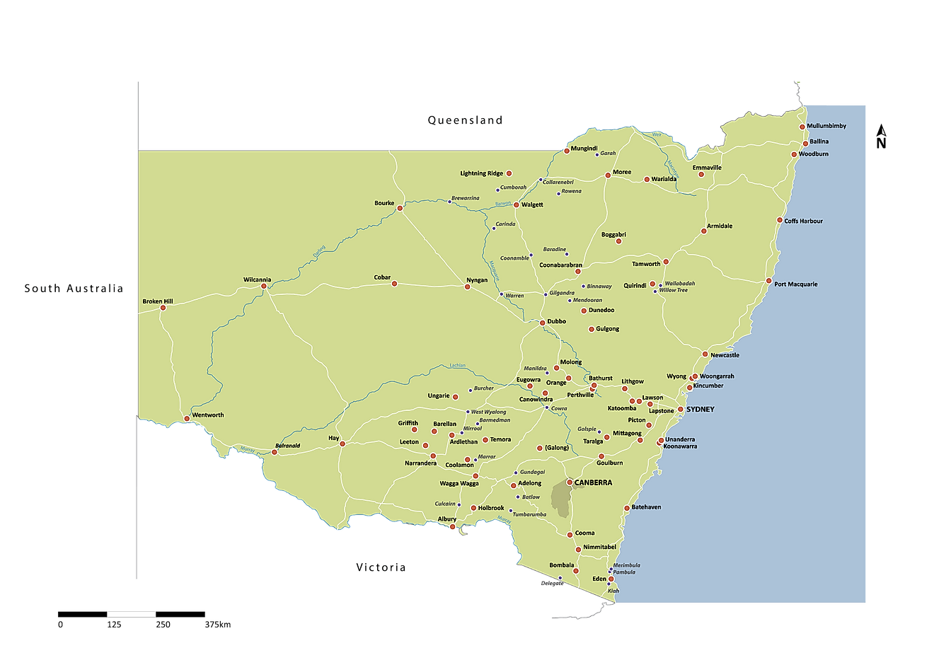 Administrative Map of New South Wales showing its cities and towns including its capital city - Sydney