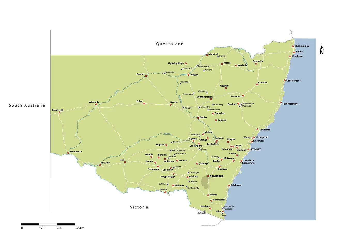 Administrative Map of New South Wales showing its cities and towns including its capital city - Sydney