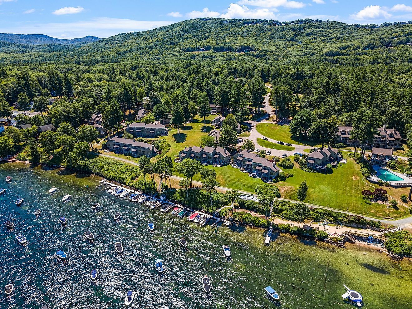 Aerial view of houses near Lake Winnipesaukee in Laconia, New Hampshire.
