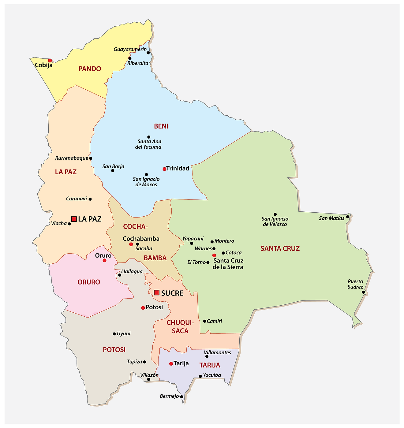 Mapa Político de Bolivia mostrando sus 9 departamentos y las ciudades capitales de Sucre y La Paz