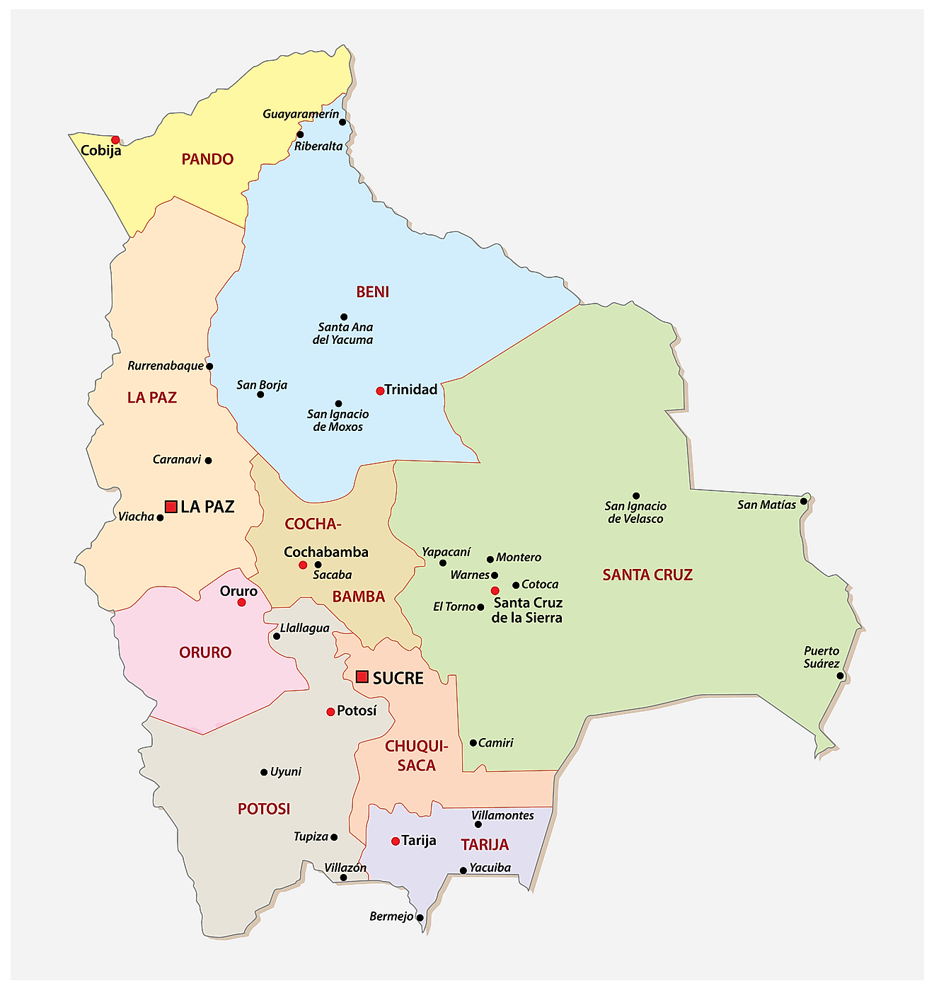 Political Map of Bolivia showing its 9 departments and the capital cities of Sucre and La Paz