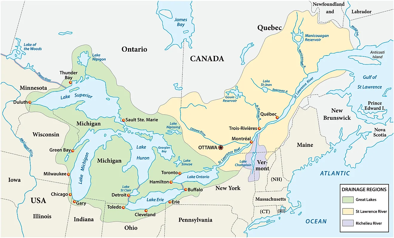Map of the great lakes and St Lawrence river drainage. 
