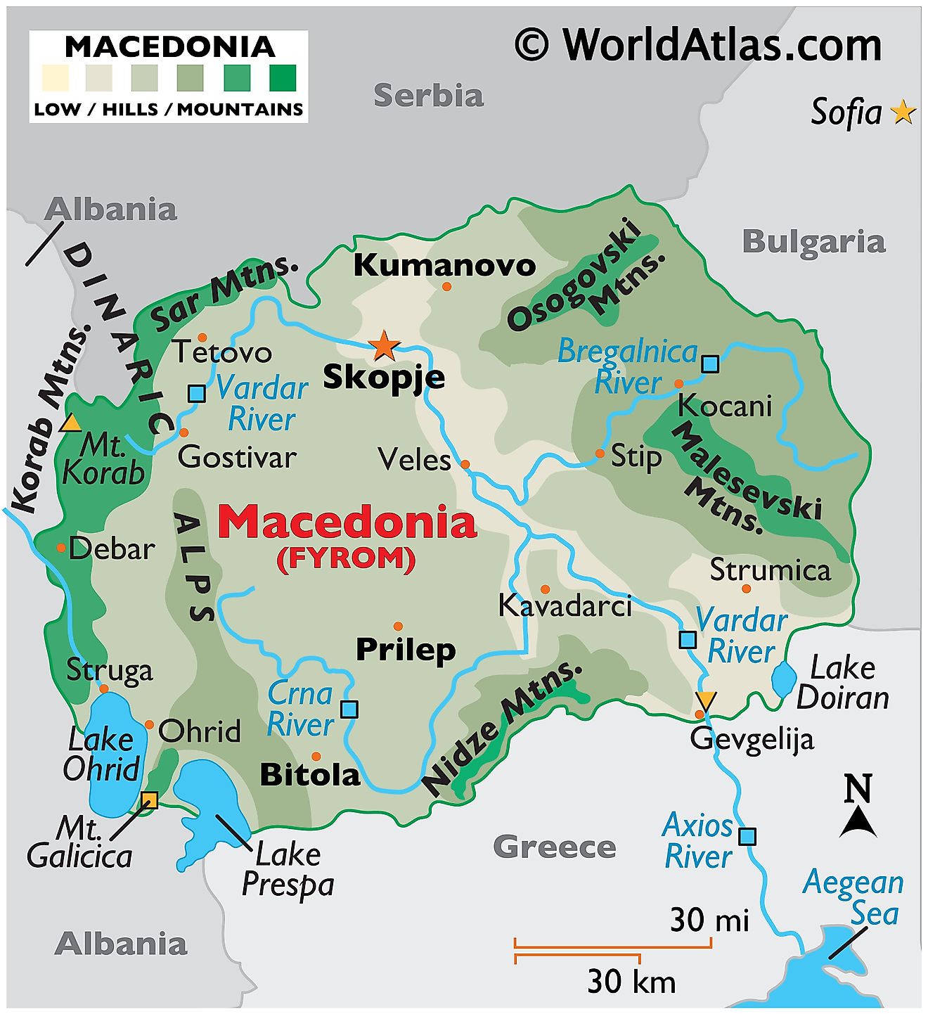 Physical Map North Macedonia showing relief, major mountain ranges, rivers, important cities, major lakes, bordering countries, etc.