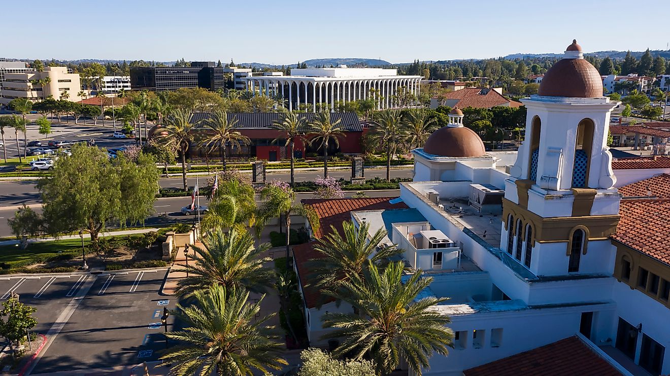 Daytime aerial view of the downtown area of Laguna Woods, California, USA