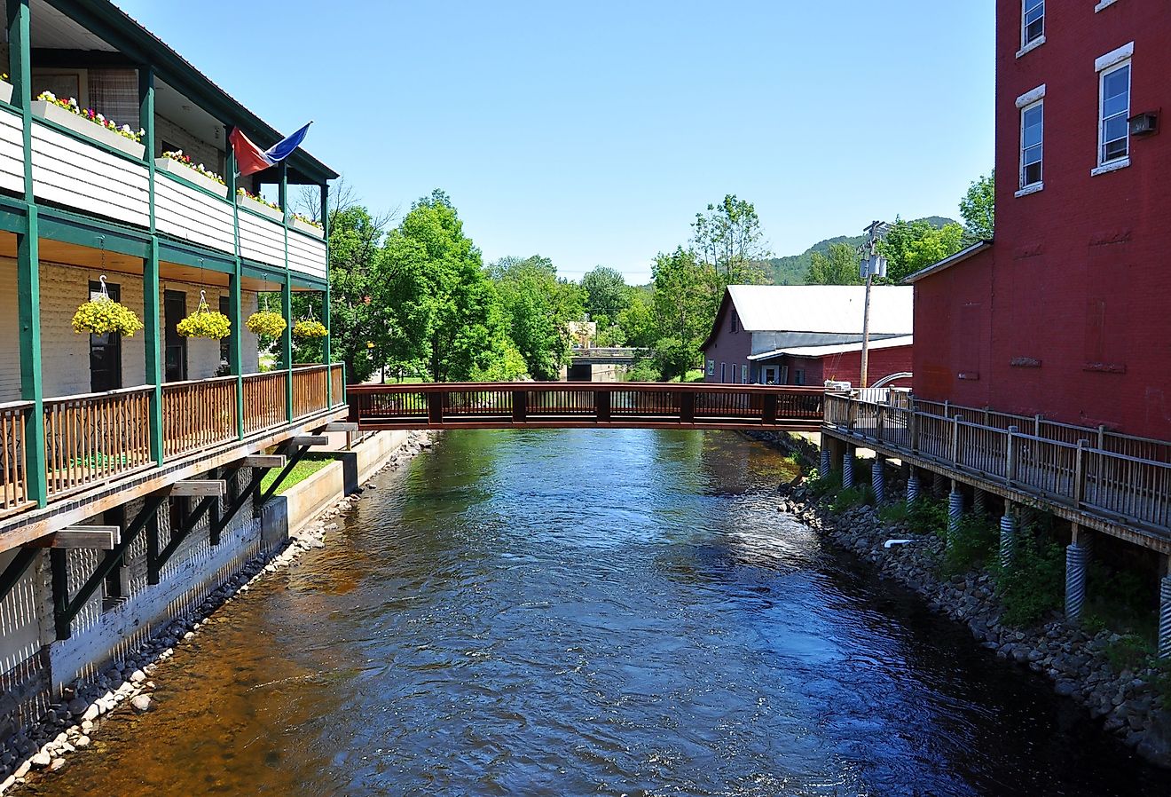 Saranac River in village of Saranac Lake in Adirondack Mountains, New York.