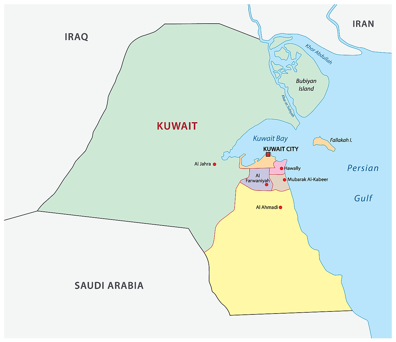 Mapa político de Kuwait que muestra las 6 gobernaciones del país, sus capitales y la capital nacional de la ciudad de Kuwait.