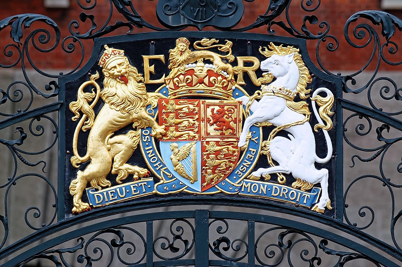 The Royal Coat of Arms of the United Kingdom on Westminster Gate, London, UK.