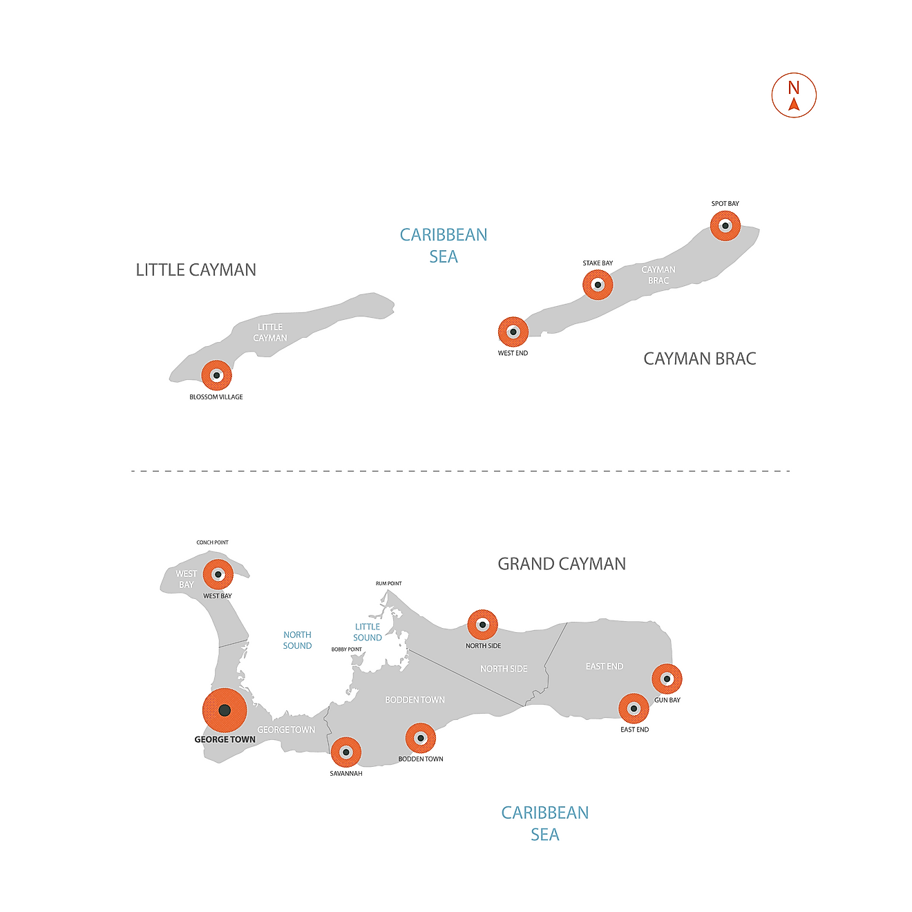 Mapa Político de las Islas Caimán mostrando sus 6 distritos y la ciudad capital - George Town