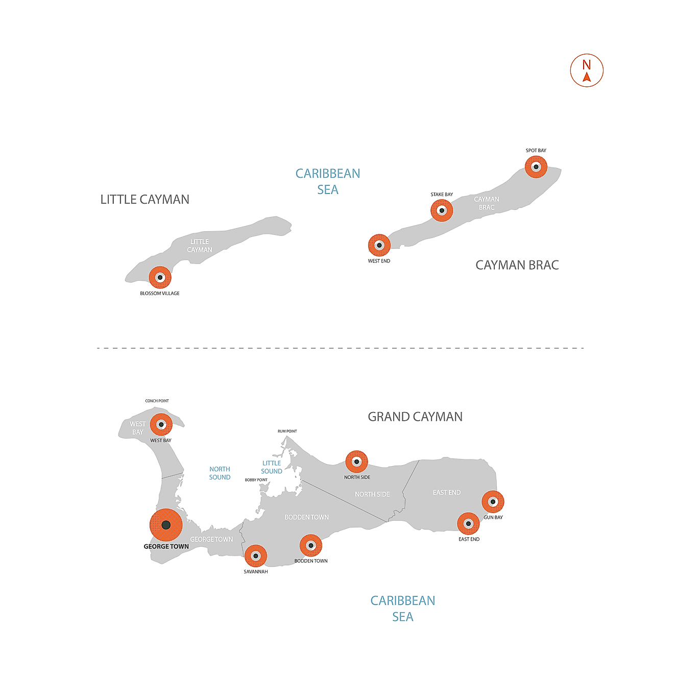 Political Map of Cayman Islands showing its 6 districts and the capital city - George Town