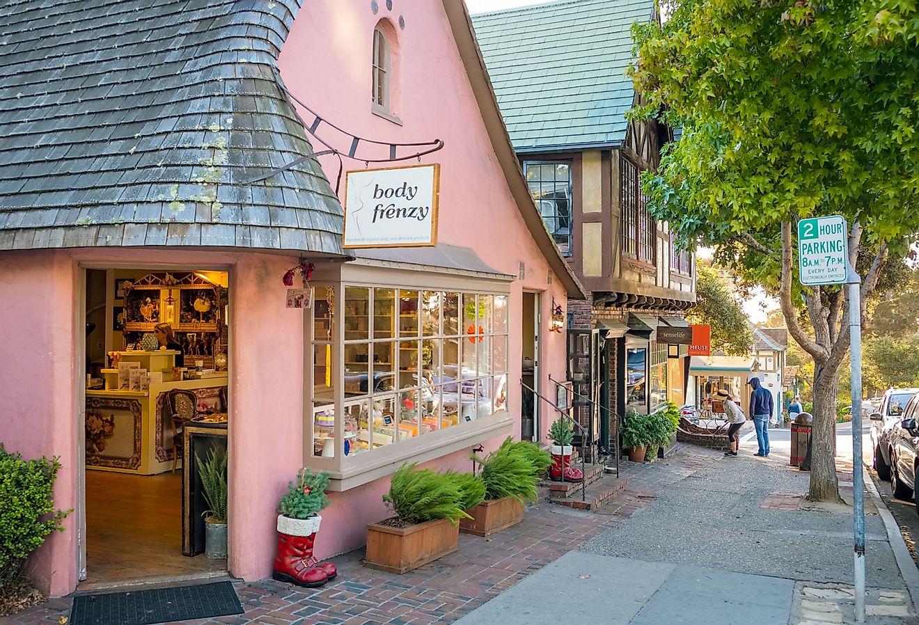 Small stores along the sidewalk in Carmel, California, USA. Image credit Robert Mullan via Shutterstock.