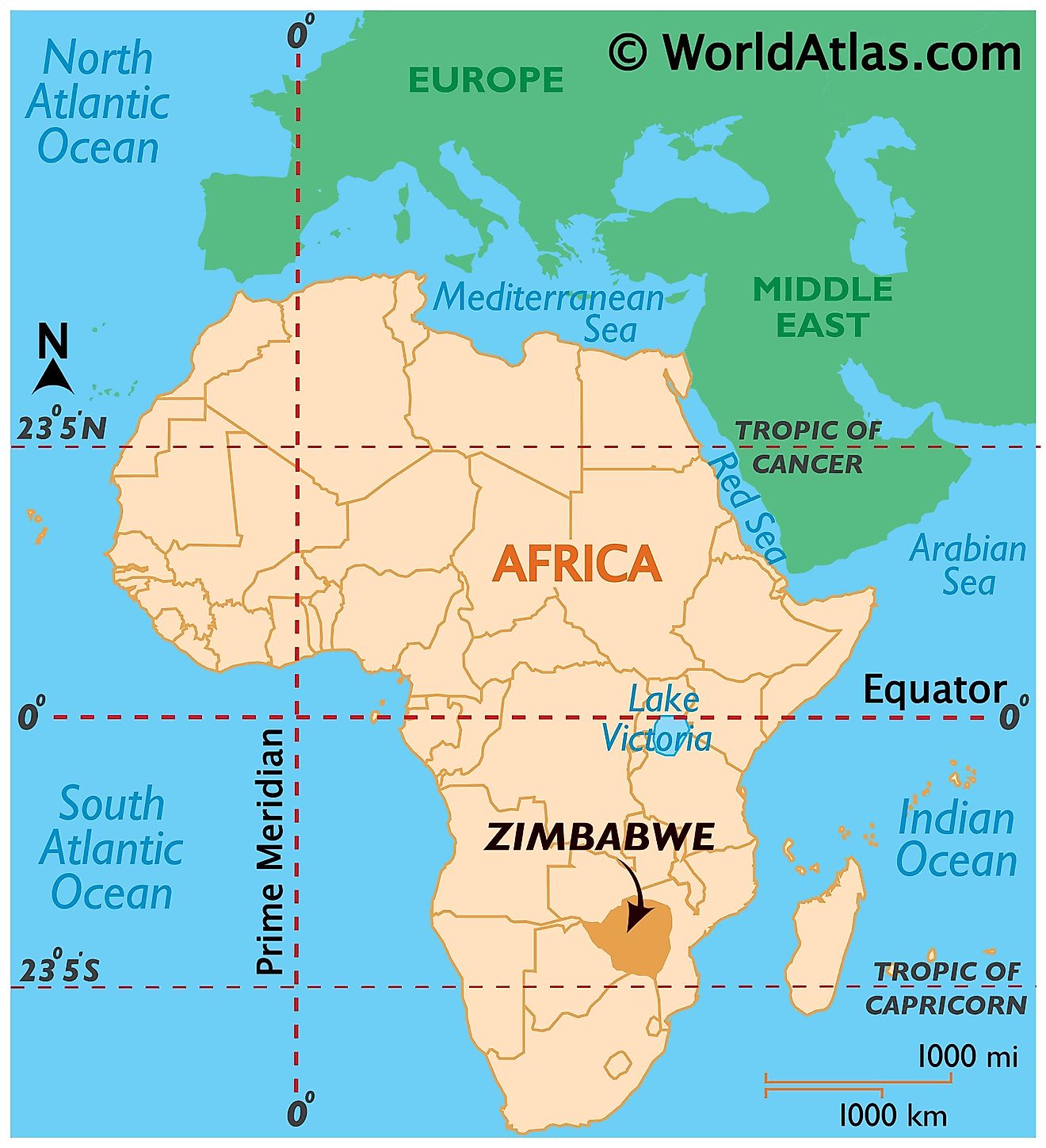 Map showing location of Zimbabwe in the world.