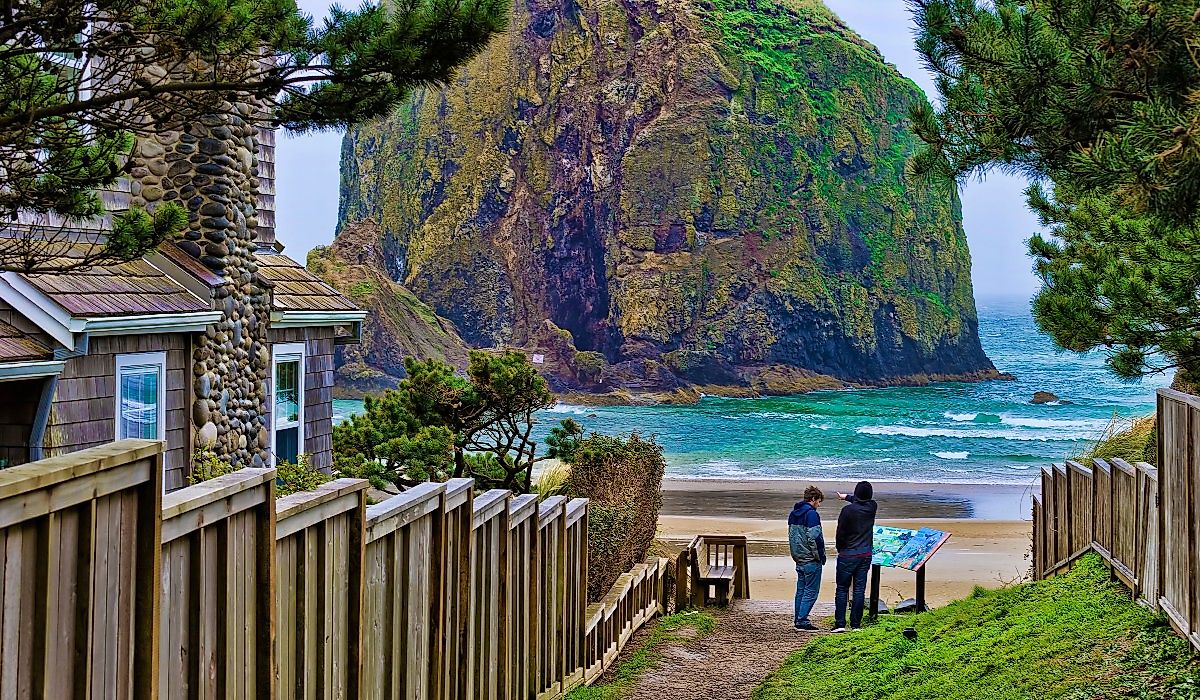 Walking path down to the beach at Cannon Beach, Oregon Coast.