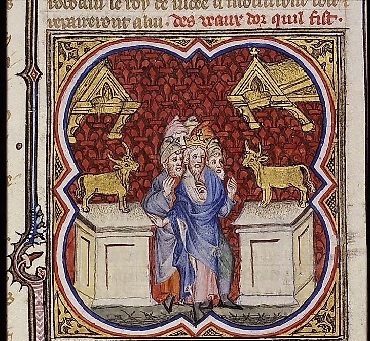 In defiance of Judah and its religious beliefs, Jeroboam, who led the revolt to divide the Israelite monarchy into two, had two golden calves formed as idols to worship.