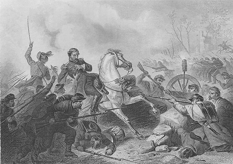 Depiction of Union General Nathaniel Lyon (shown on horseback) being shot while riding in the Battle of Wilson's Creek.