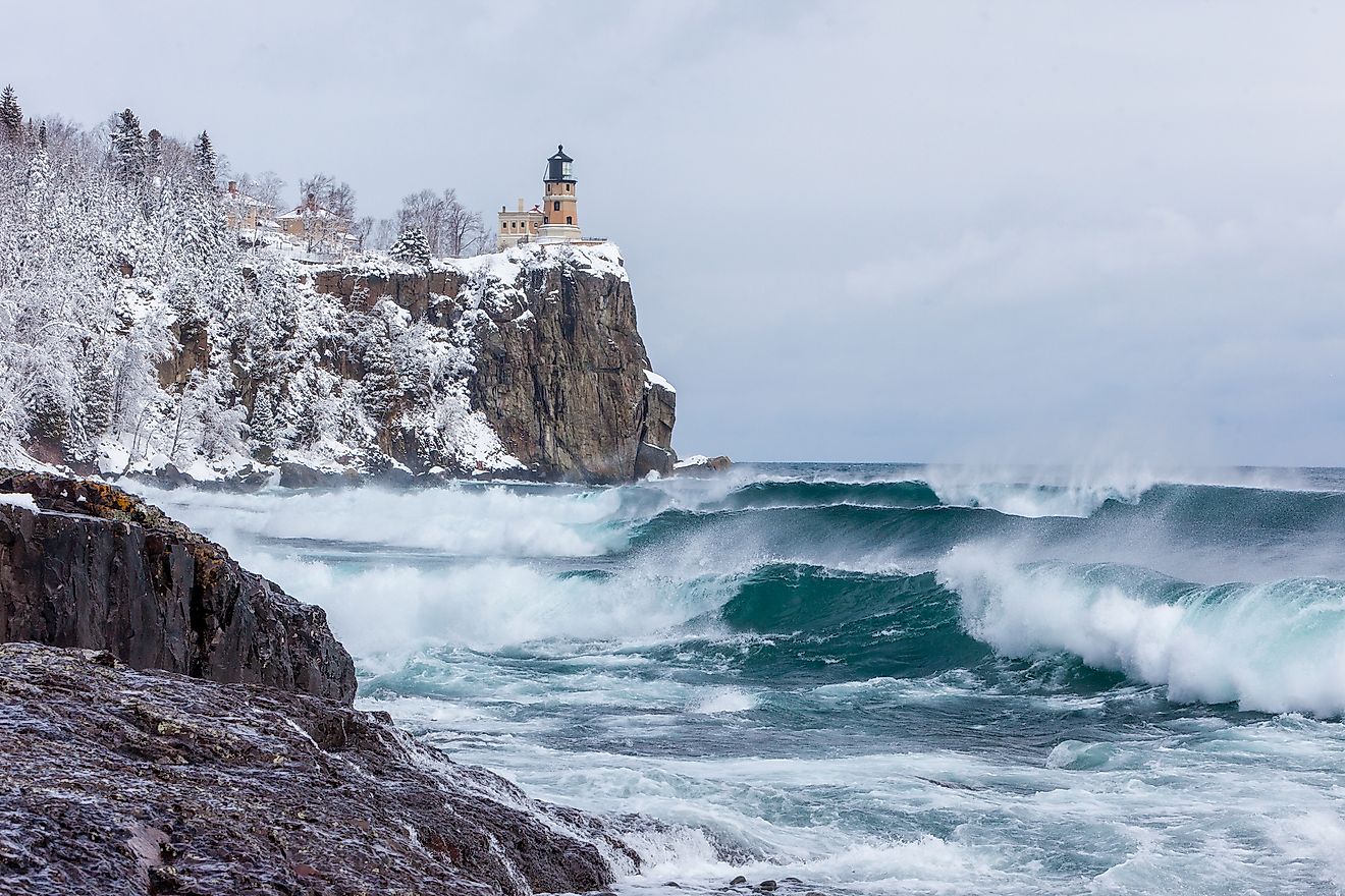 Lake Superior waves roll onto the shoreline at Split Rock Lighthouse in Minnesota.