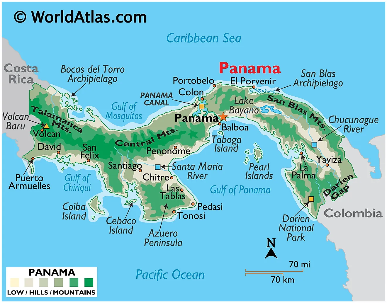 Mapa físico de Panamá que muestra el terreno, las principales cadenas montañosas, los puntos extremos, las islas, los ríos, los lagos, las principales ciudades, las fronteras internacionales, etc.