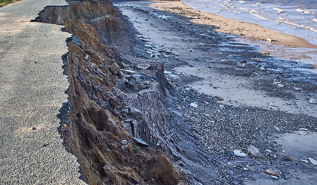 Coastal erosion on the Holderness coast in Yorkshire, England.