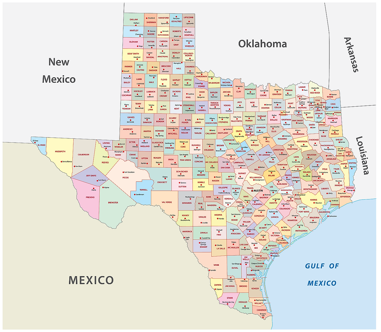 Mapa administrativo de Texas que muestra sus 254 condados y la ciudad capital - Austin
