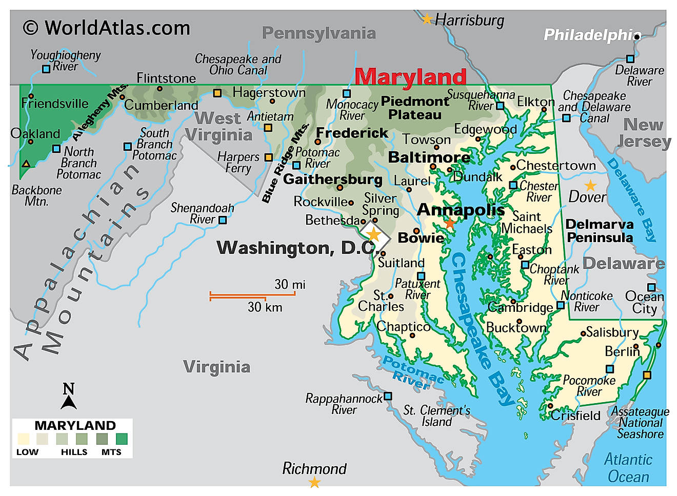 Mapa Física de Maryland. Mostra as características físicas de Maryland incluindo as suas cadeias montanhosas, principais rios, a Península de Delmarva e a Baía de Chesapeake.