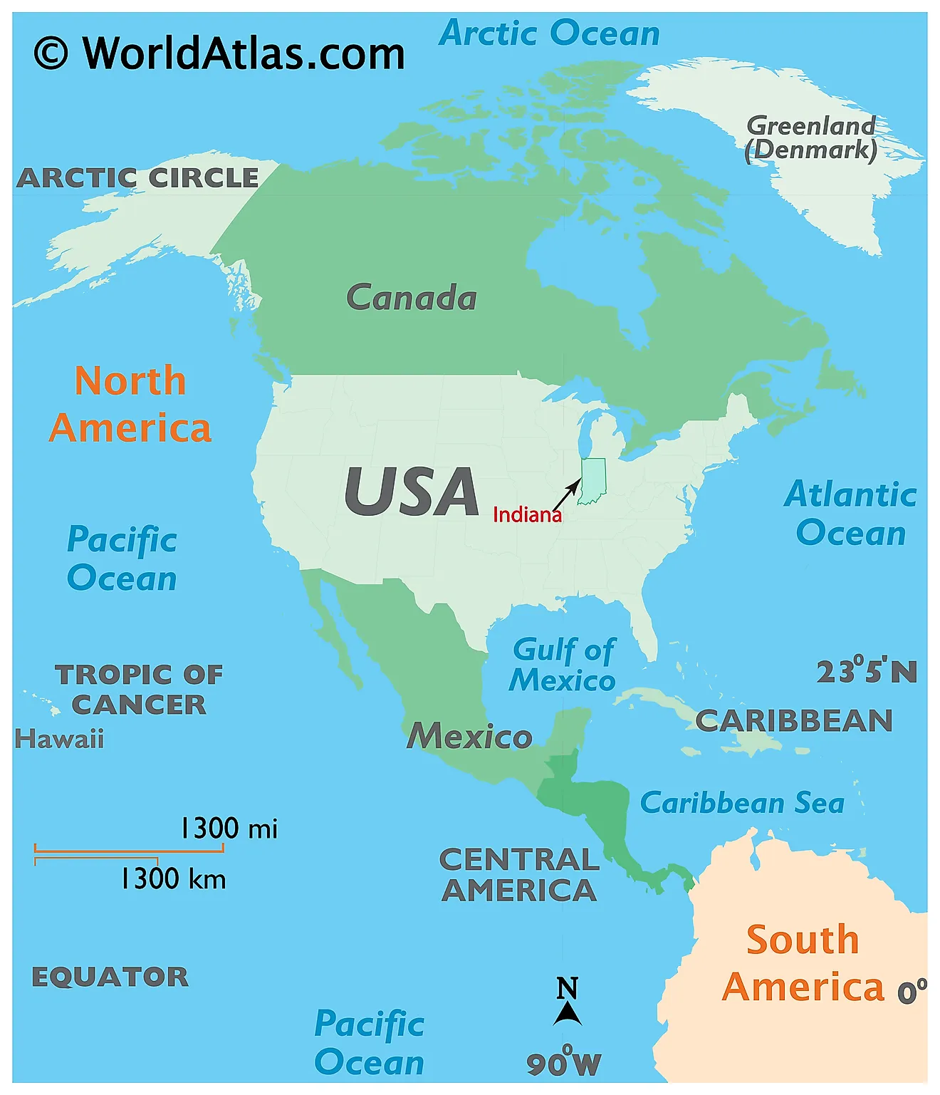 Map showing location of Indiana in the world.