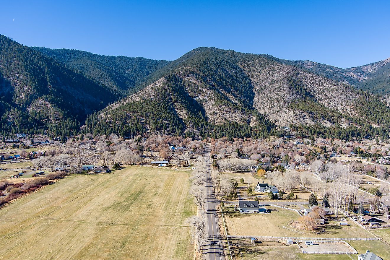 Aerial view of the Genoa Nevada area in Carson Valley with barren trees, farmland and ranches