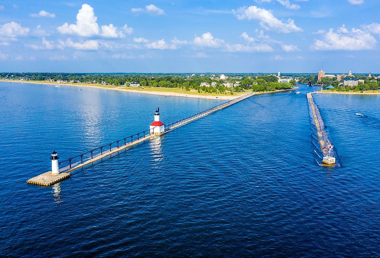 St. Joseph North and South Pier Lighthouses on Lake Michigan.