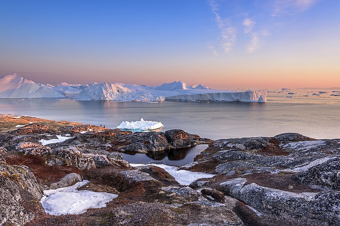 Icebergs along the Arctic coast in Greenland.