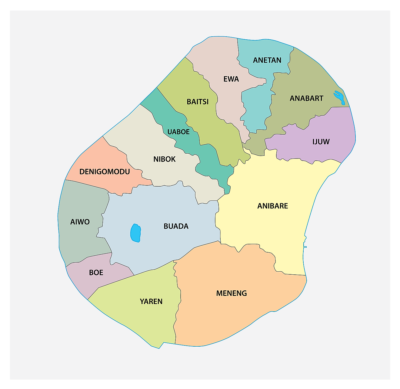 Political Map of Nauru showing its 14 districts.