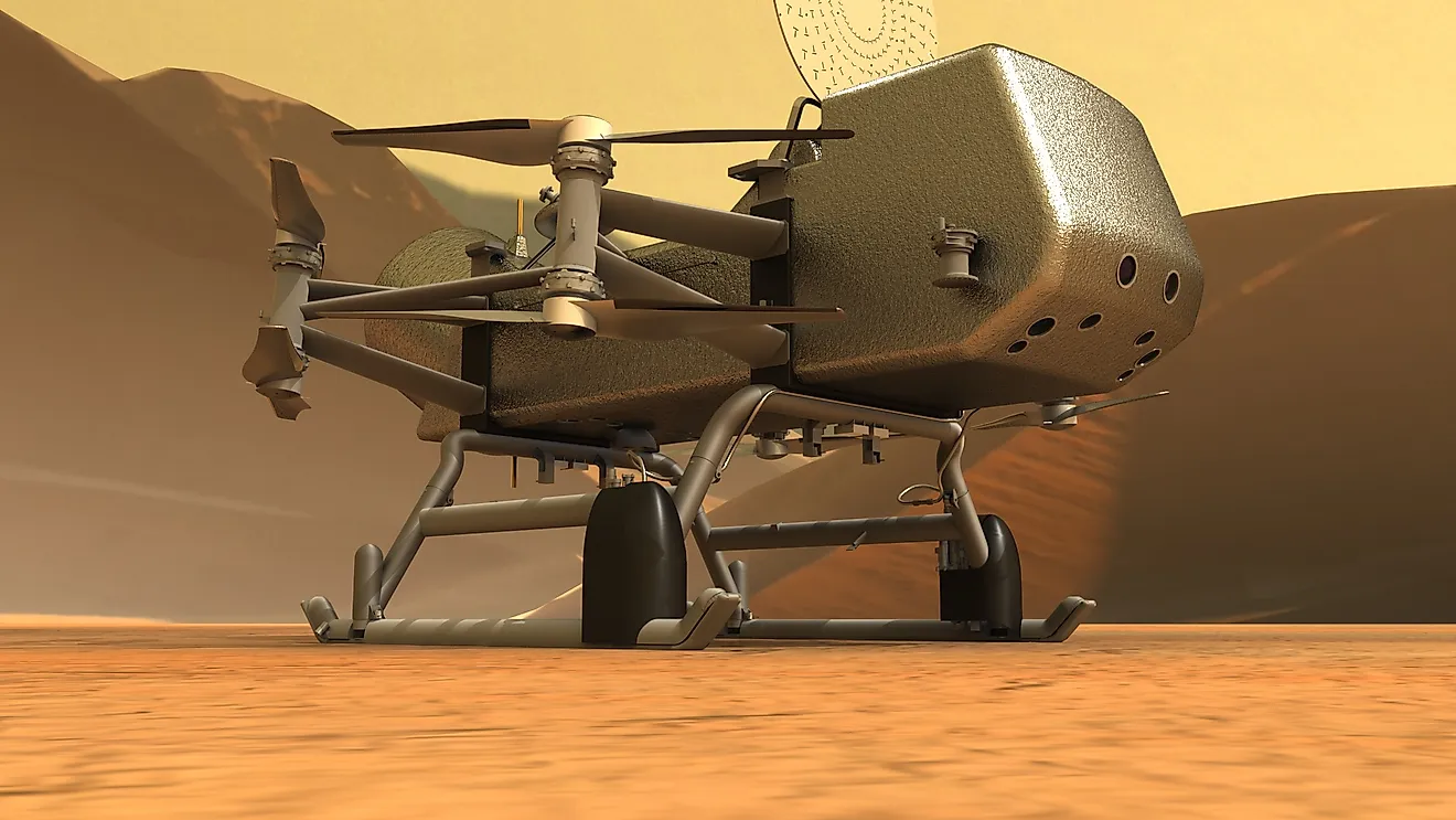 Dragonfly spacecraft. By NASA APL - https://dragonfly.jhuapl.edu/Gallery/#Gallery, Public Domain, https://commons.wikimedia.org/w/index.php?curid=108884710