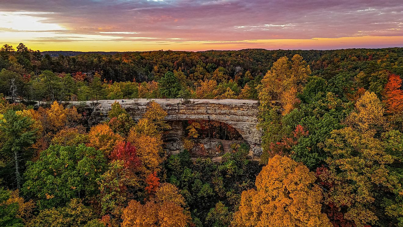 Fall sunrise at the natural bridge in Slade, Kentucky.