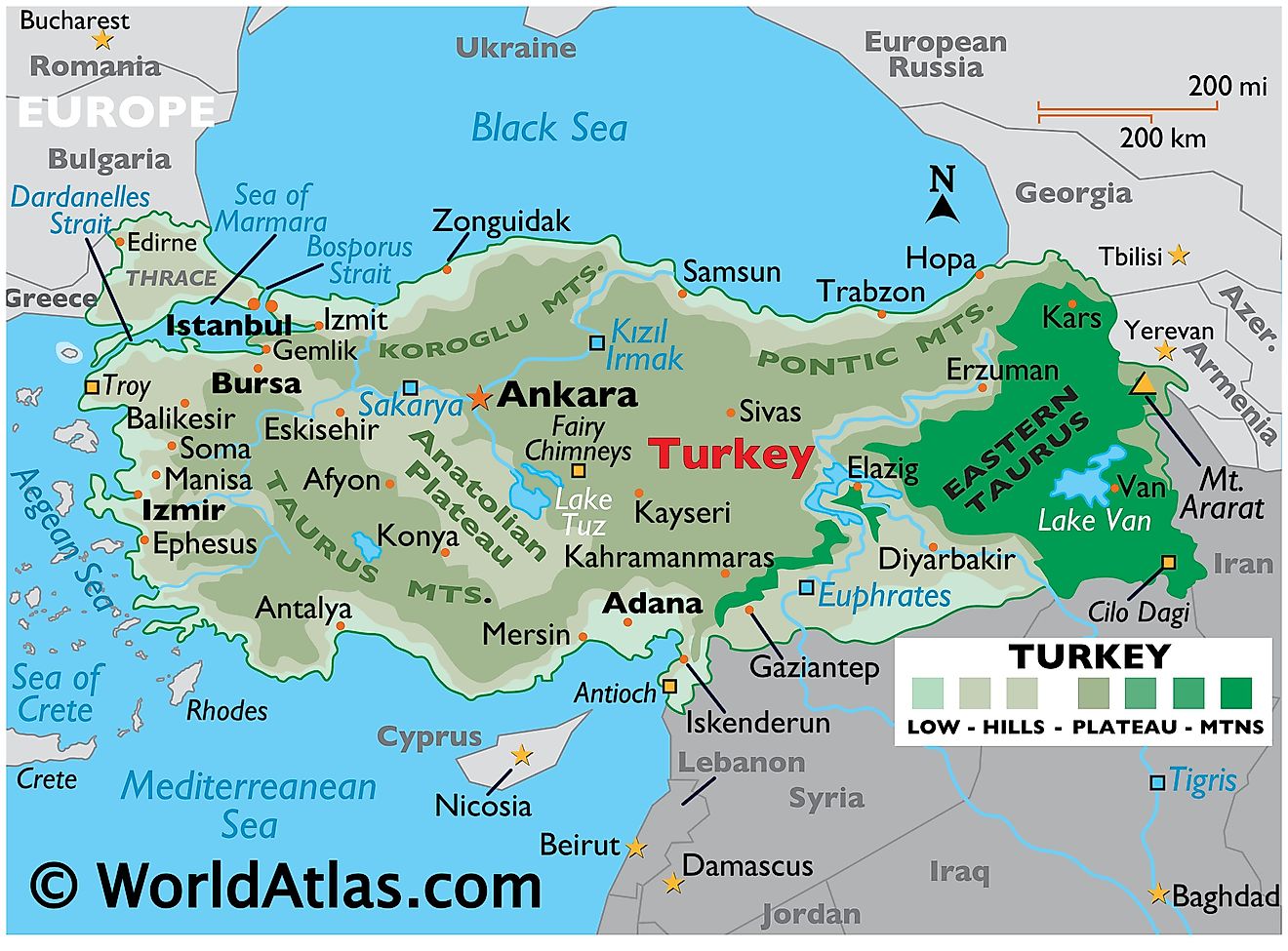 Phyiscal Map of Turkey with state boundaries, relief, major mountain ranges, rivers, lakes, important cities, and more.
