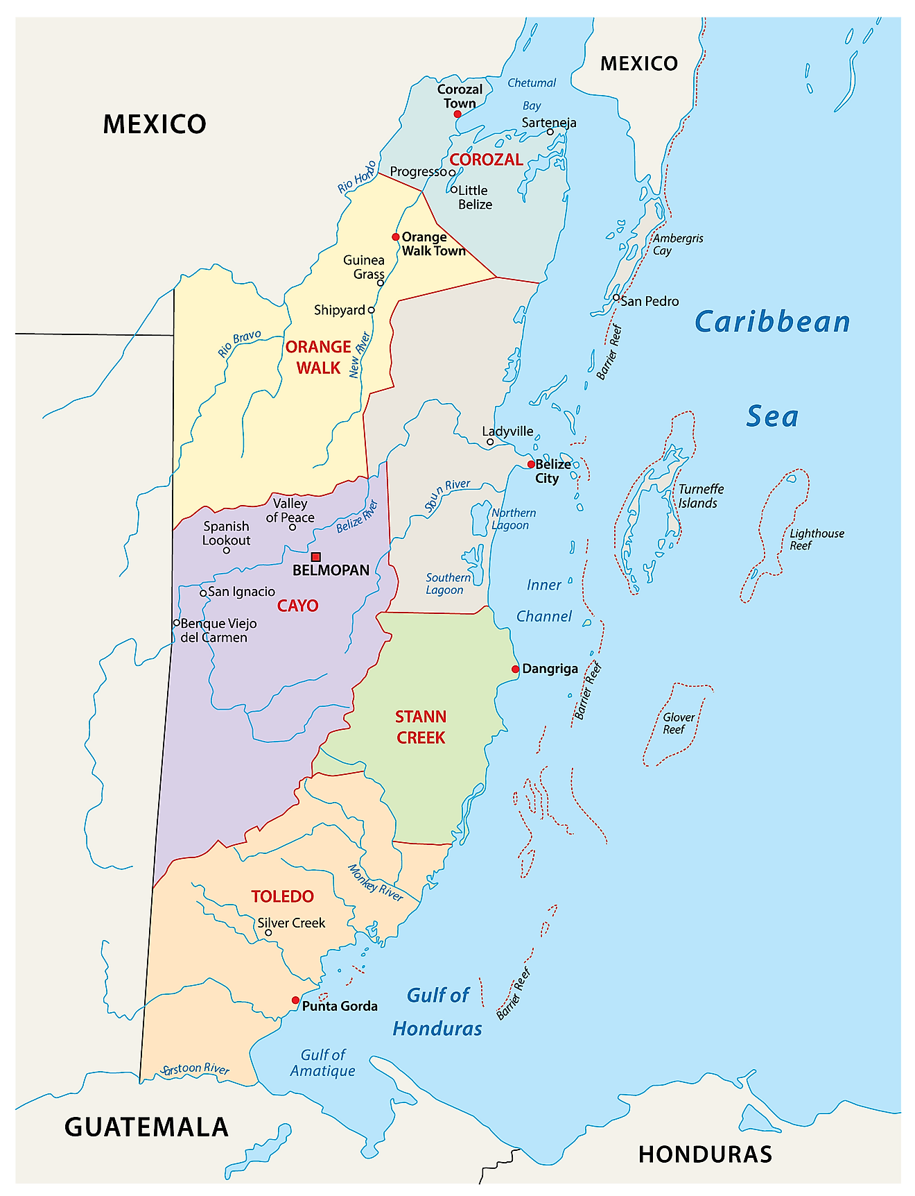 Mapa Político de Belice mostrando sus 6 distritos y la capital Belmopan