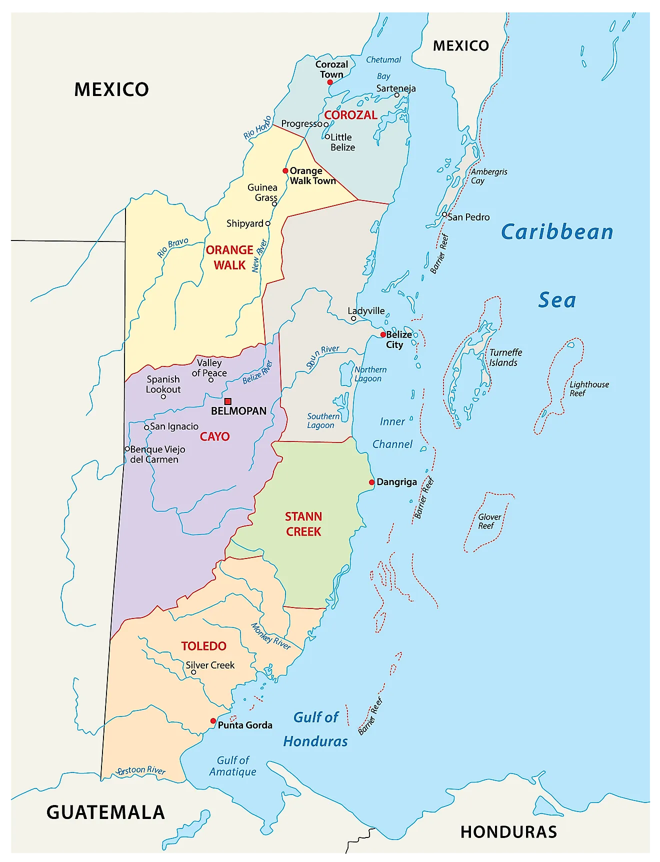 Mapa Político de Belice mostrando sus 6 distritos y la capital Belmopan