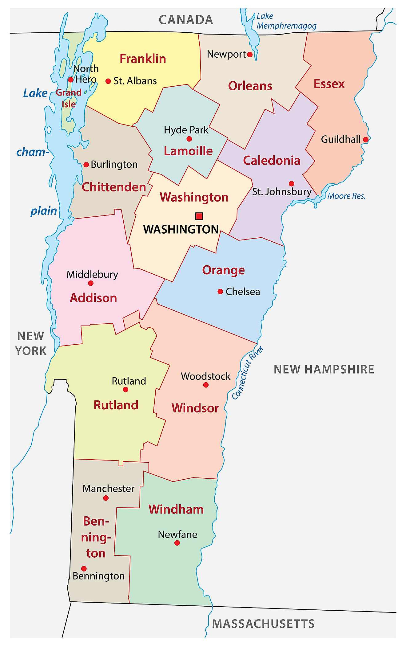 Administrative Map of Vermont showing its 14 counties and the capital city - Montpelier