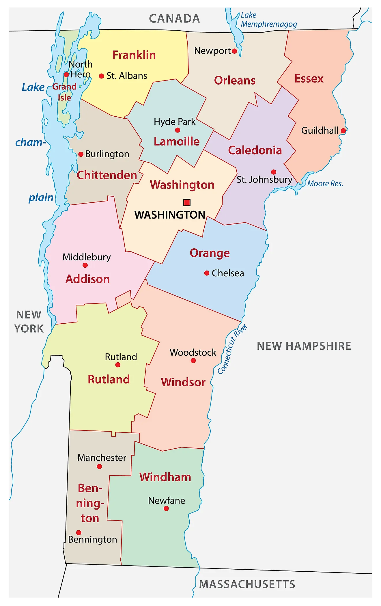 Administrative Map of Vermont showing its 14 counties and the capital city - Montpelier