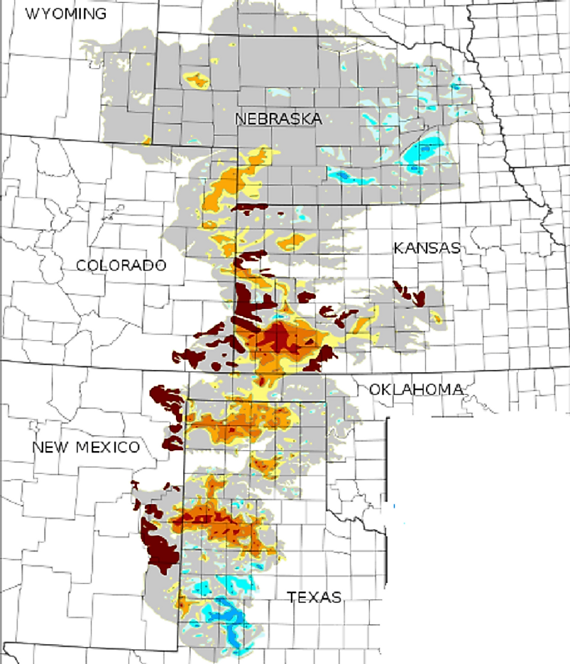 United States Geological Survey map representing the area under which the Ogallala Aquifer lies. Yellows and reds indicate areas where depletion is being seen.