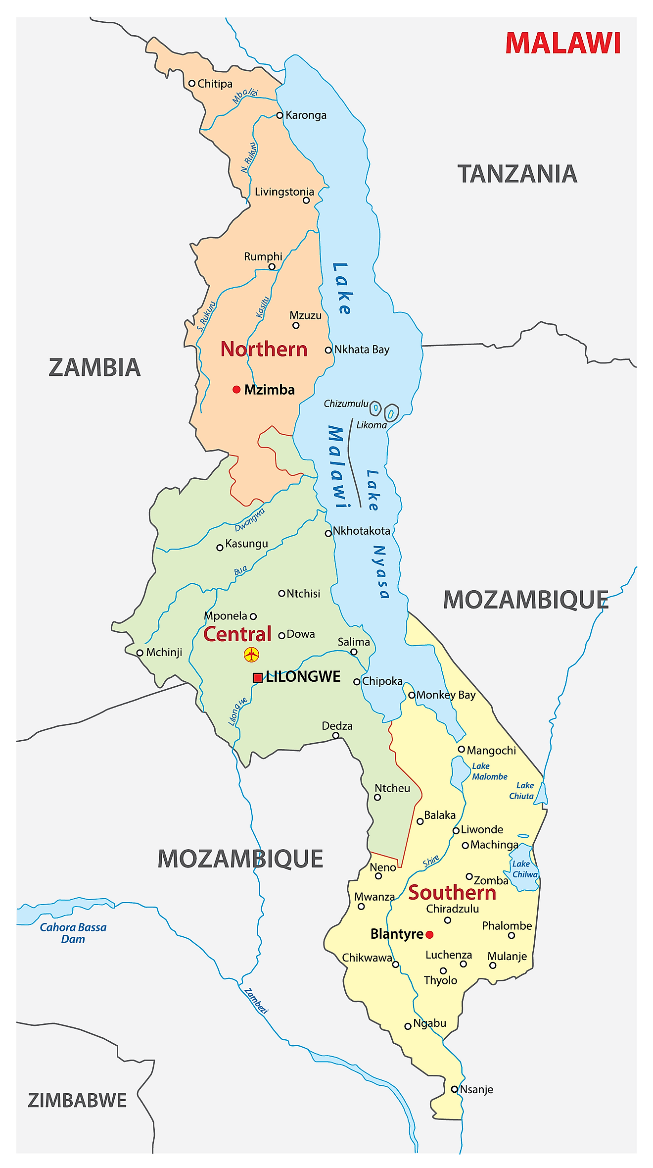 Mapa político de Malawi que muestra sus divisiones administrativas y la capital nacional de Lilongwe.