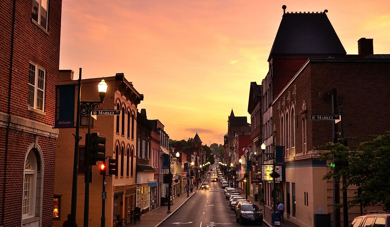 Downtown Historic Staunton at sunset, birthplace of President Woodrow Wilson. Editorial credit: MargJohnsonVA / Shutterstock.com