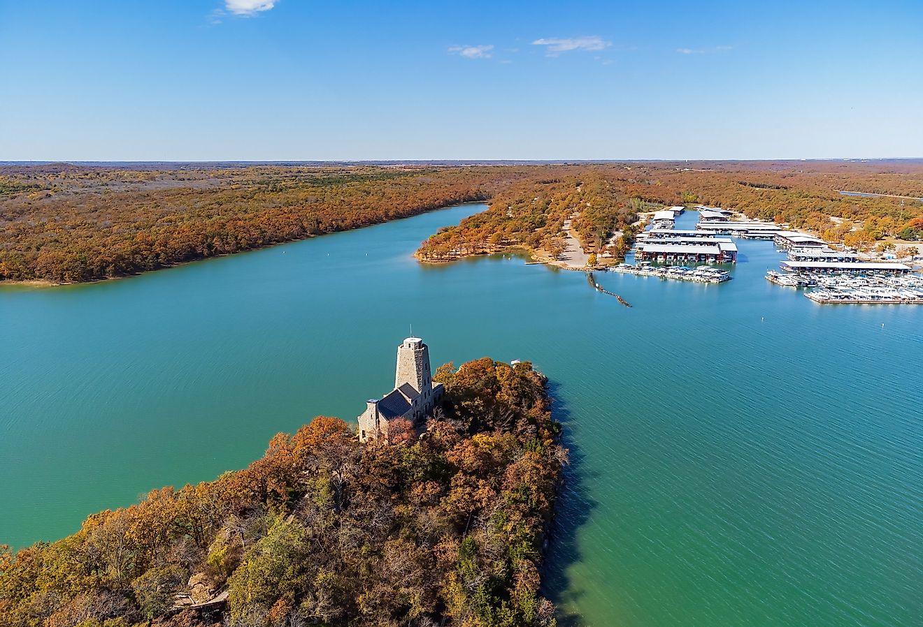 Aerial view of the Tucker Tower of Lake Murray State Park at Oklahoma.