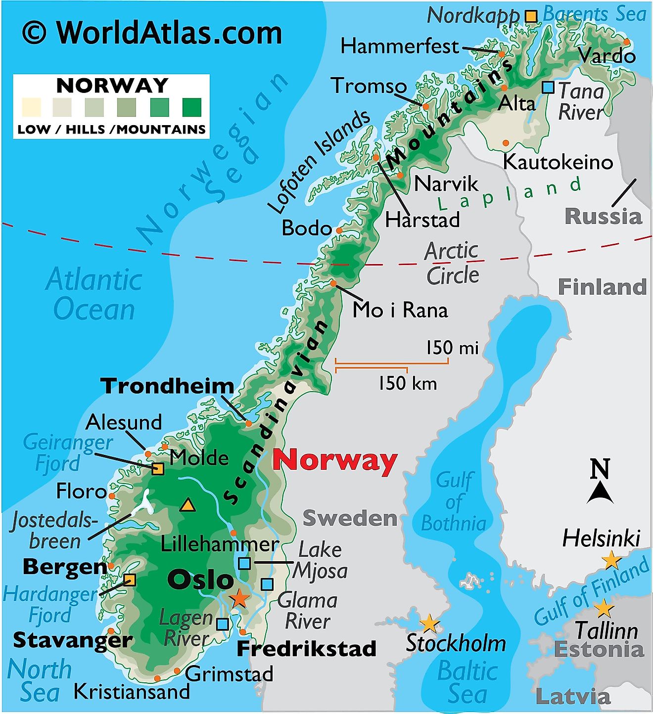 Mapa físico de Noruega que muestra el relieve, las fronteras internacionales, los principales ríos, cadenas montañosas, puntos extremos, ciudades importantes, islas, etc.